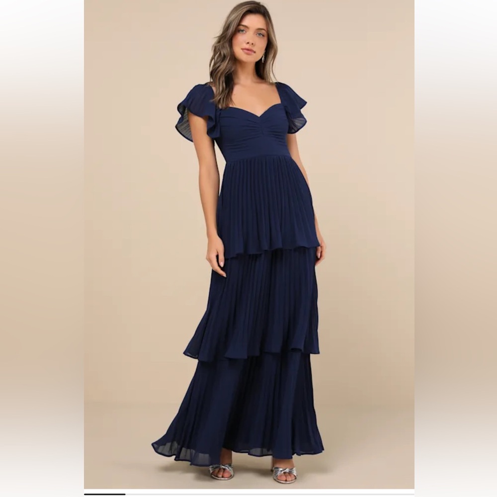 Lulus Notorious charm Navy Tiered Pleated Maxi Dress size XL NEW #3G